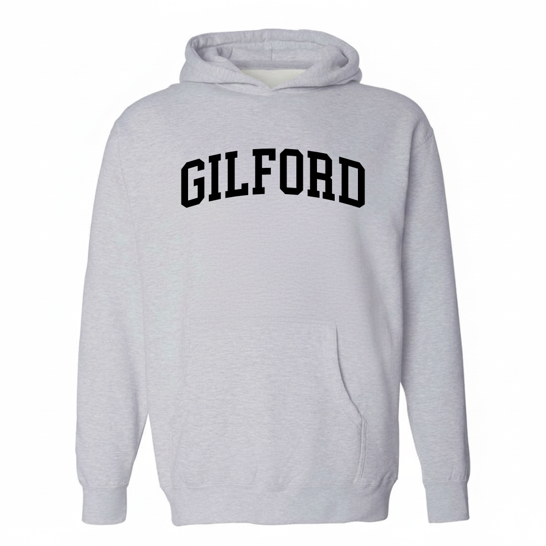 Heather-gray hoodie with the Gilford varsity arched lettering design on the chest.