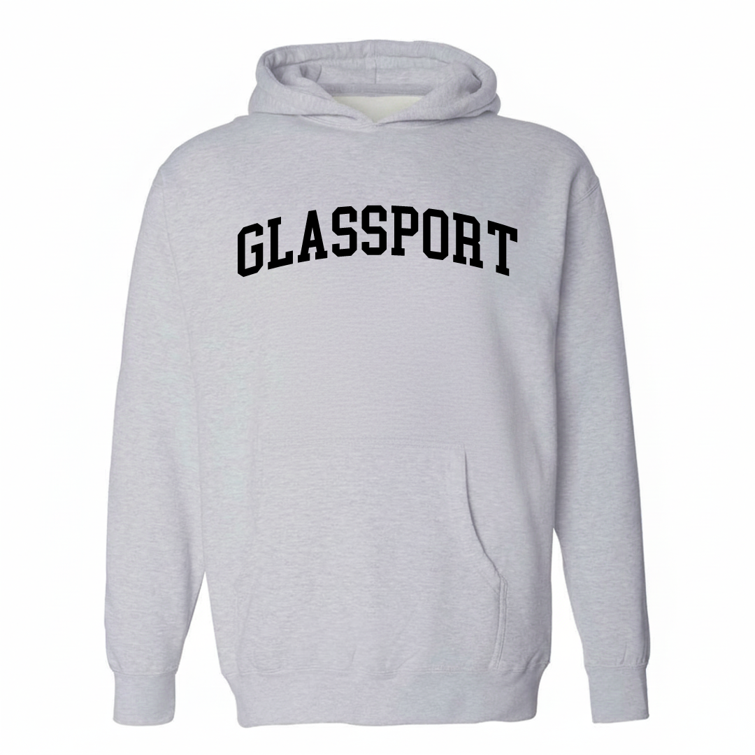 Heather-gray hoodie with the Glassport varsity arched lettering design on the chest.