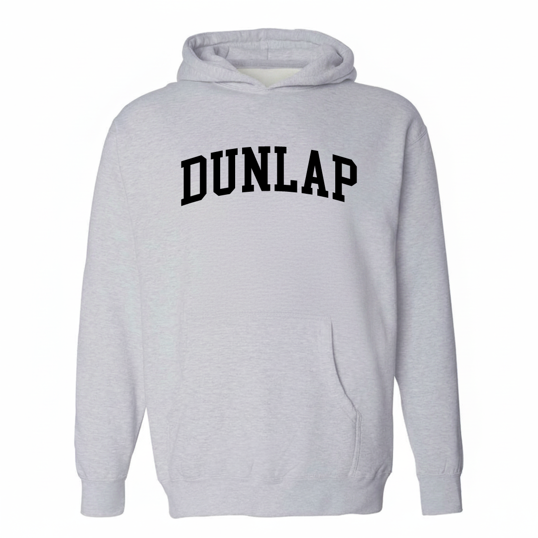 Heather-gray hoodie with the Dunlap arched varsity lettering design on the chest.