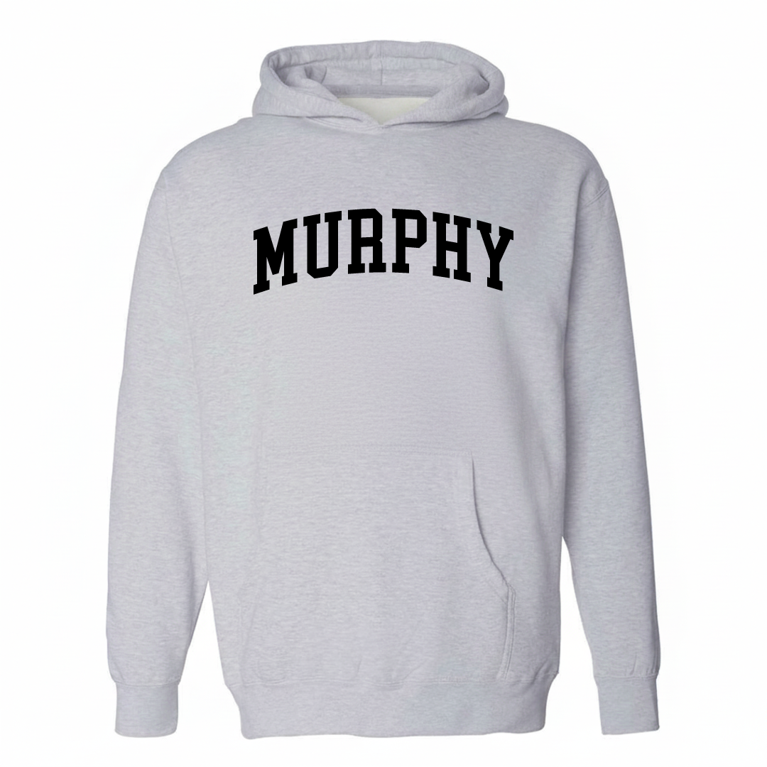 Heather-gray hoodie with the Murphy TX arched lettering varsity-collegiate design on the chest.