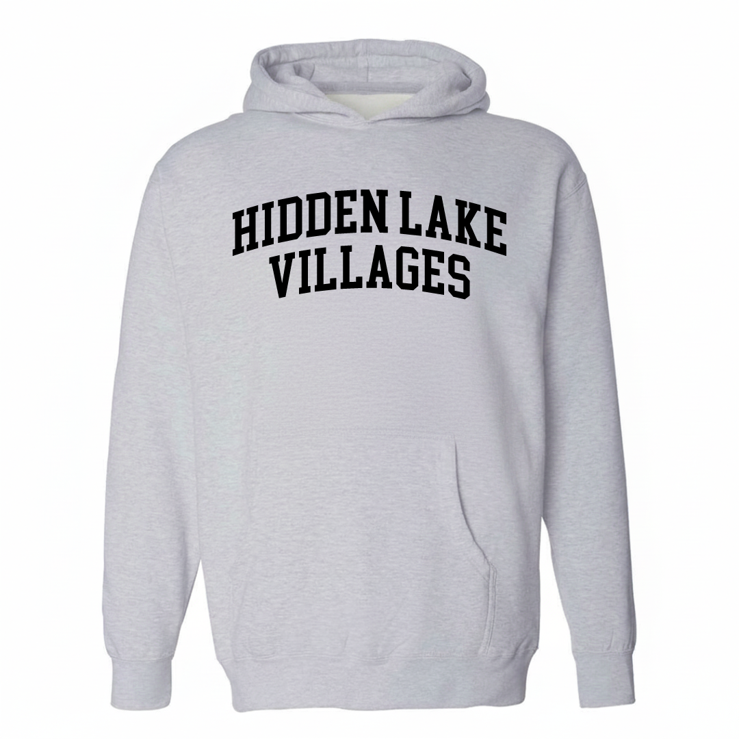 Heather-gray hoodie with the Hidden Lake Villages arched lettering design on the chest.