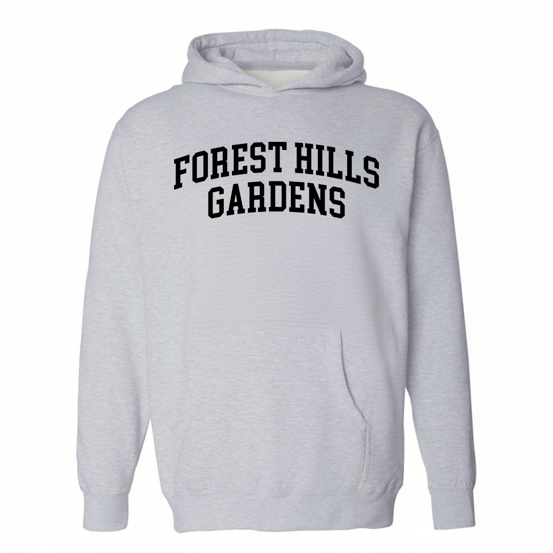 Heather-gray hoodie with the Forest Hills Gardens varsity arched lettering design on the chest.