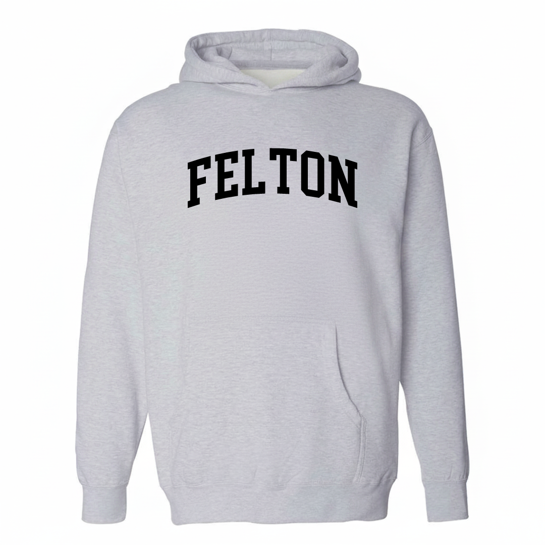 Heather-gray hoodie with the Felton arched varsity lettering design on the chest.