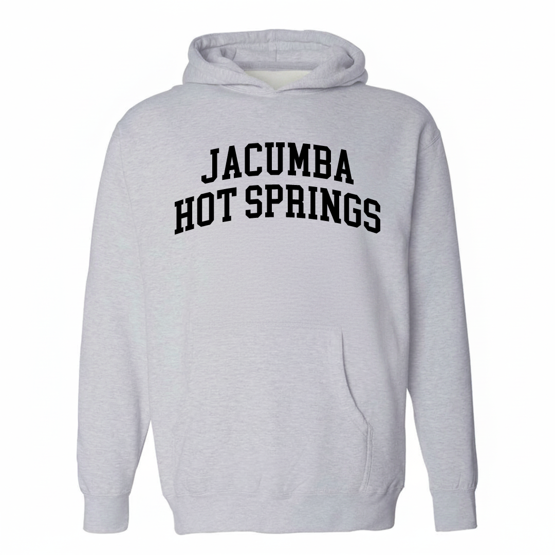 Heather-gray hoodie with the Jacumba Hot Springs varsity arched lettering design on the chest.