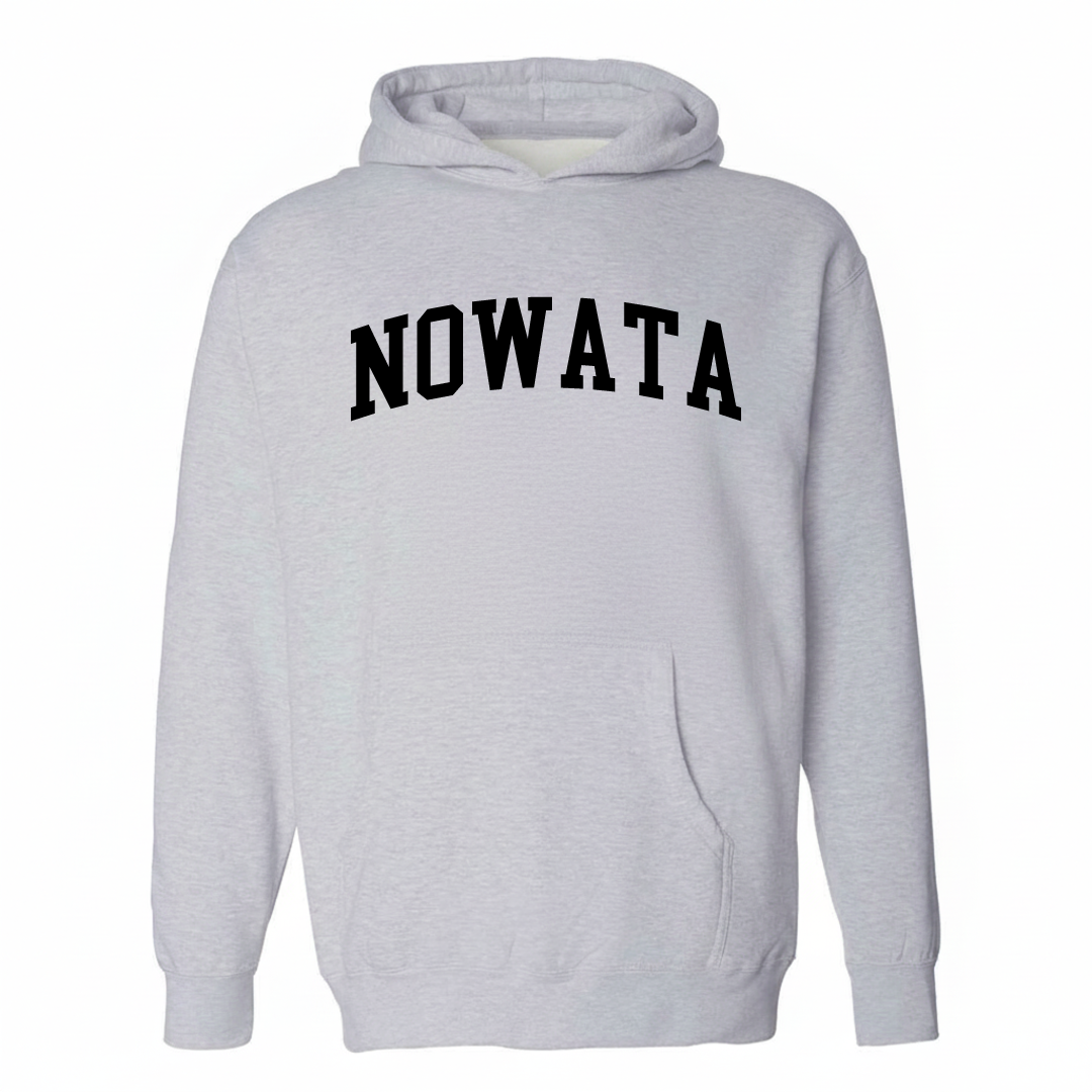 Heather-gray hoodie with the Nowata varsity arched lettering design on the chest.