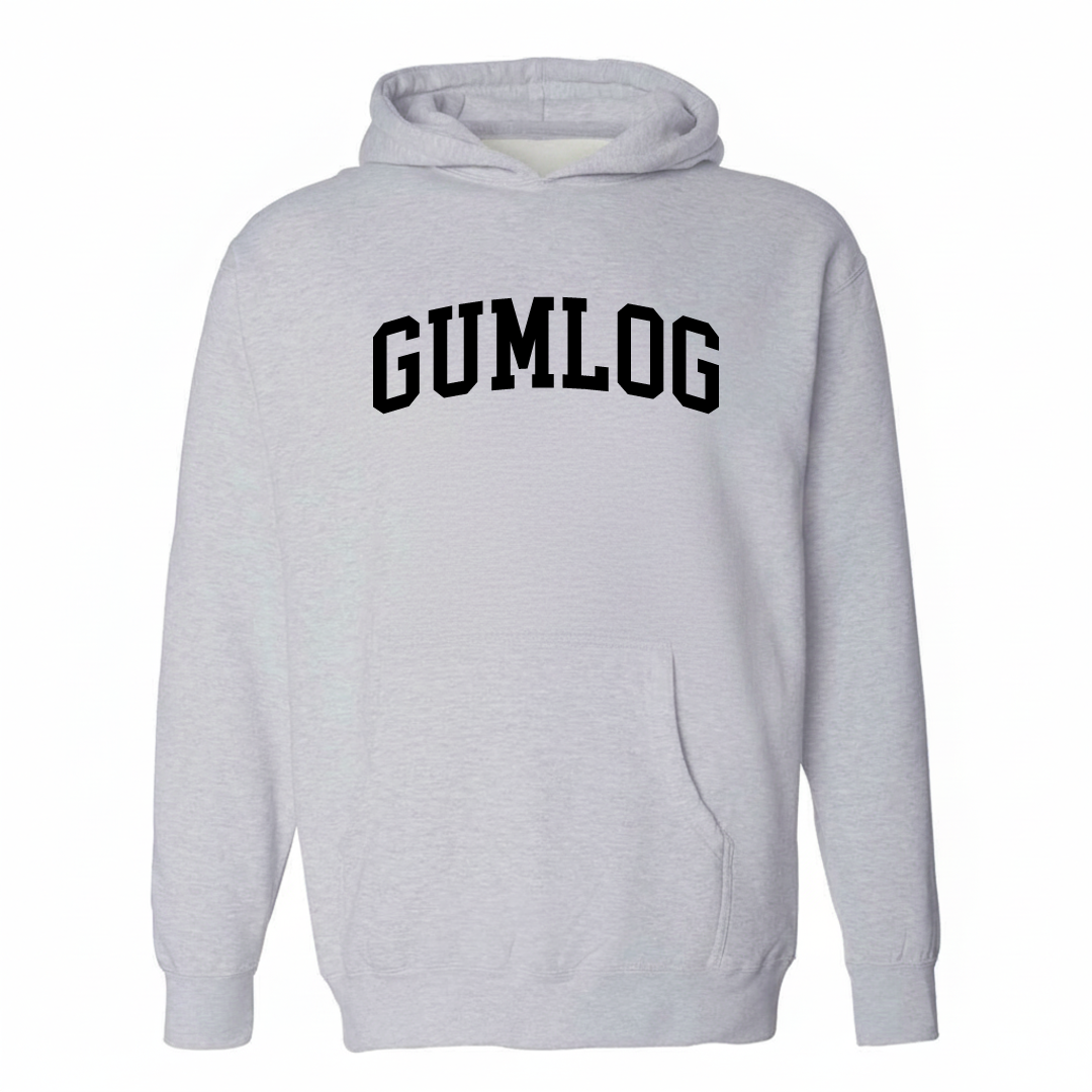 Heather-gray hoodie with the Gumlog varsity arched lettering design on the chest.