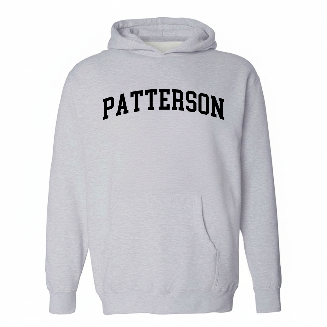 Heather-gray hoodie with the Patterson arched lettering varsity-collegiate design on the chest.