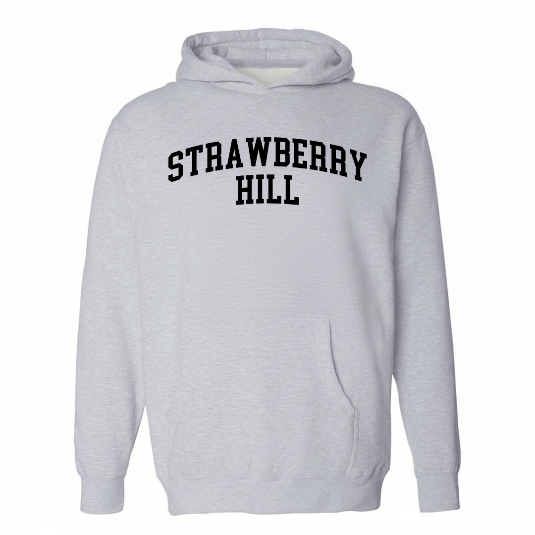 Heather-gray hoodie with the Strawberry Hill arched varsity lettering design on the chest.
