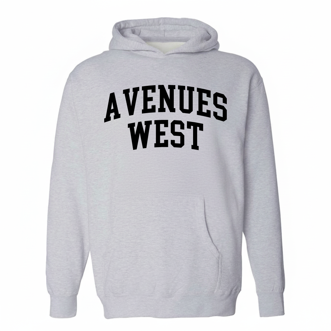 Heather-gray hoodie with the Avenues West varsity arched lettering design on the chest.