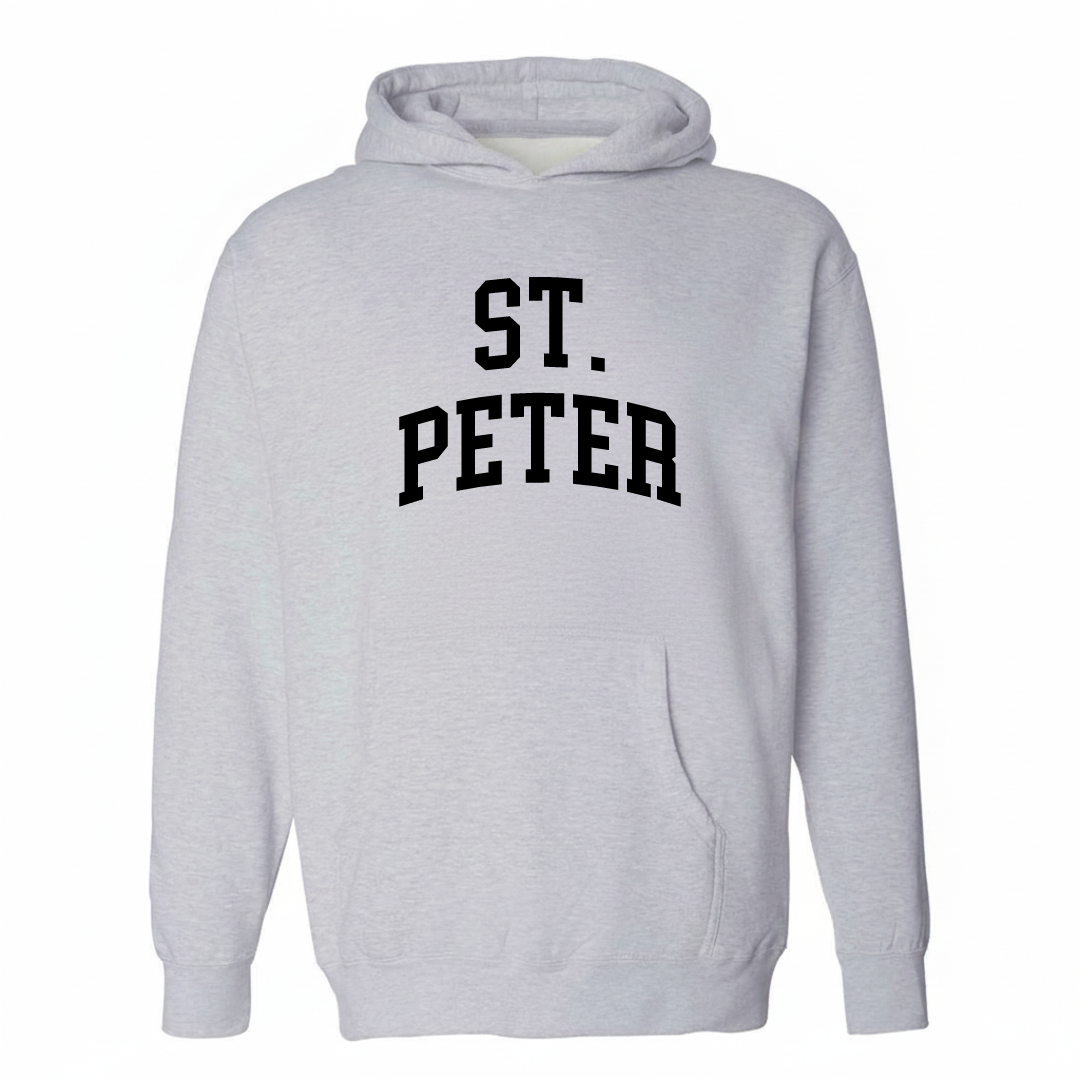 Heather-gray hoodie with the St. Peter arched varsity lettering design on the chest.