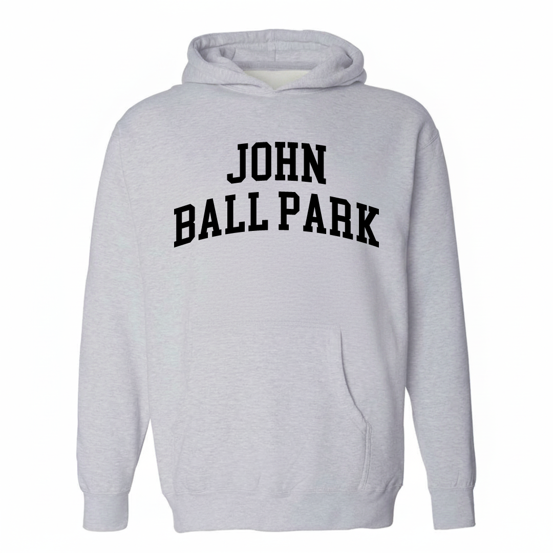 Heather-gray hoodie with the John Ball Park varsity arched lettering design on the chest.