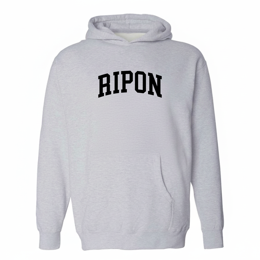 Heather-gray hoodie with the Ripon varsity arched lettering design on the chest.