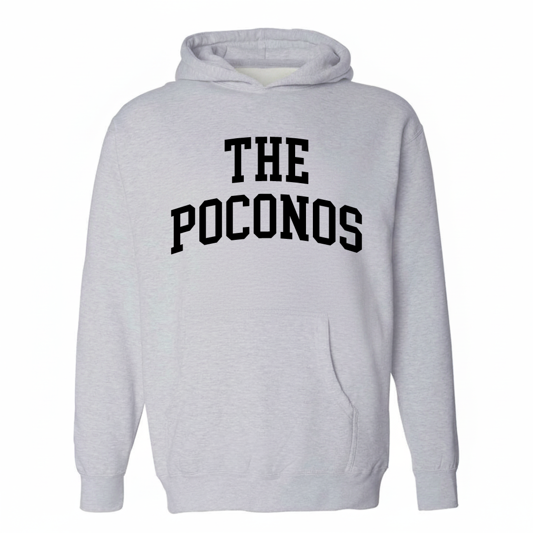Heather-gray hoodie with The Poconos varsity arched lettering design on the chest.