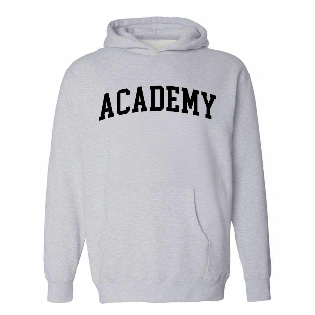 Heather-gray hoodie with the Academy St. Louis varsity arched lettering design on the chest.