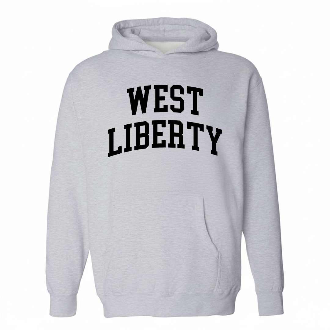 Heather-gray hoodie with the West Liberty arched varsity lettering design on the chest.