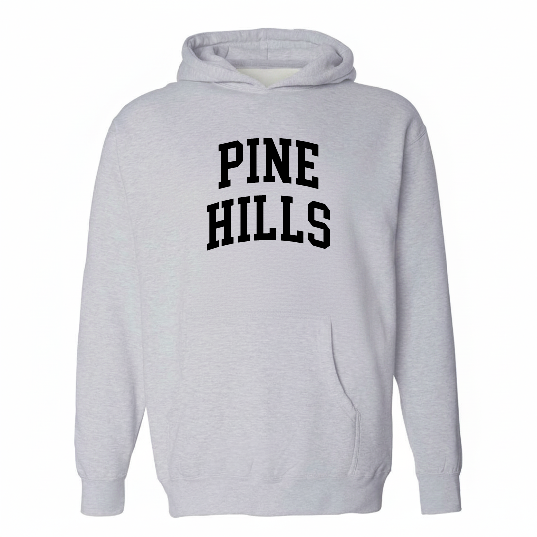 Heather-gray hoodie with the Pine Hills varsity arched lettering design on the chest.