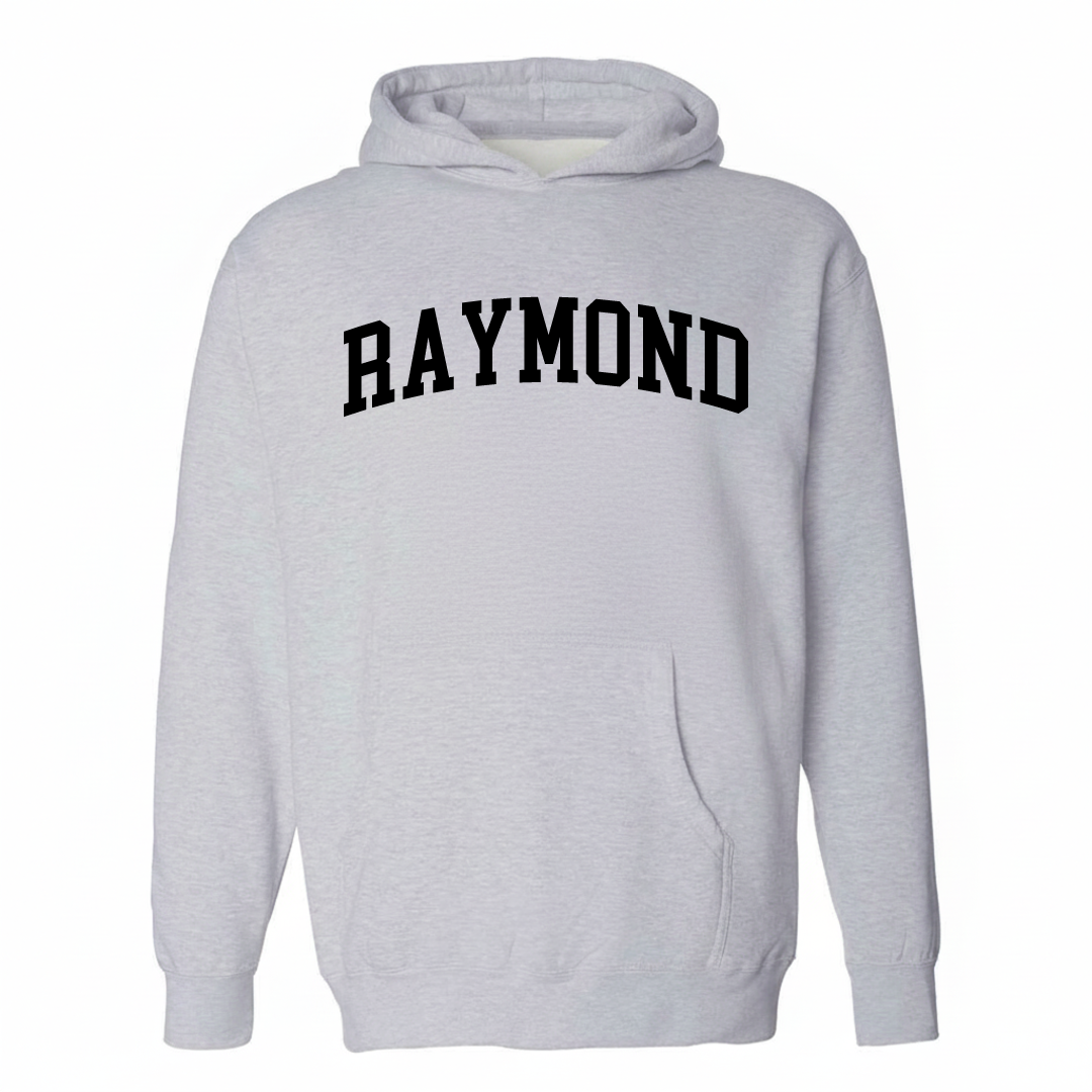 Heather-gray hoodie with the Raymond, IL varsity arched lettering design on the chest.