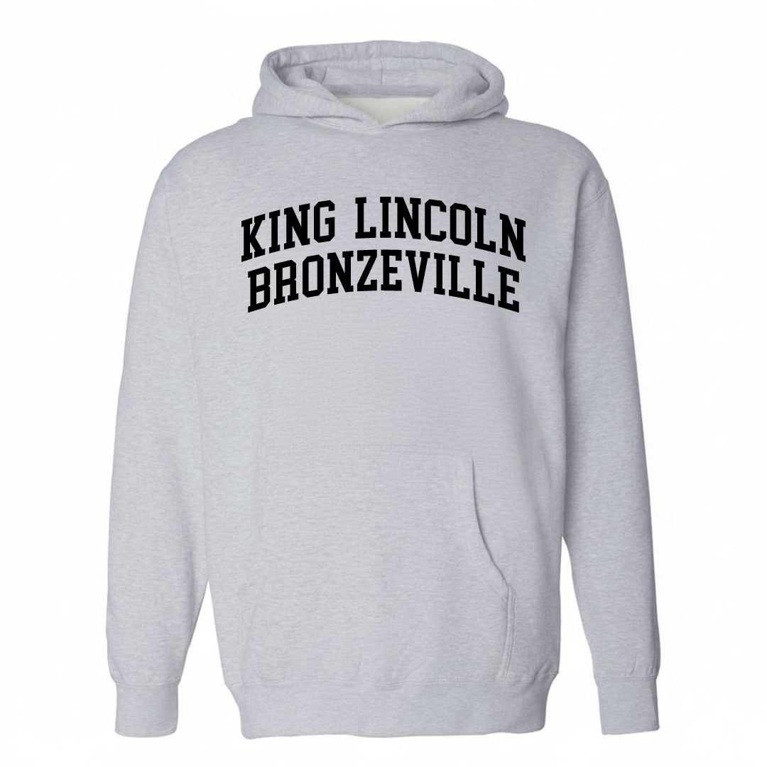 Heather-gray hoodie with the King-Lincoln Bronzeville varsity arched lettering design on the chest.
