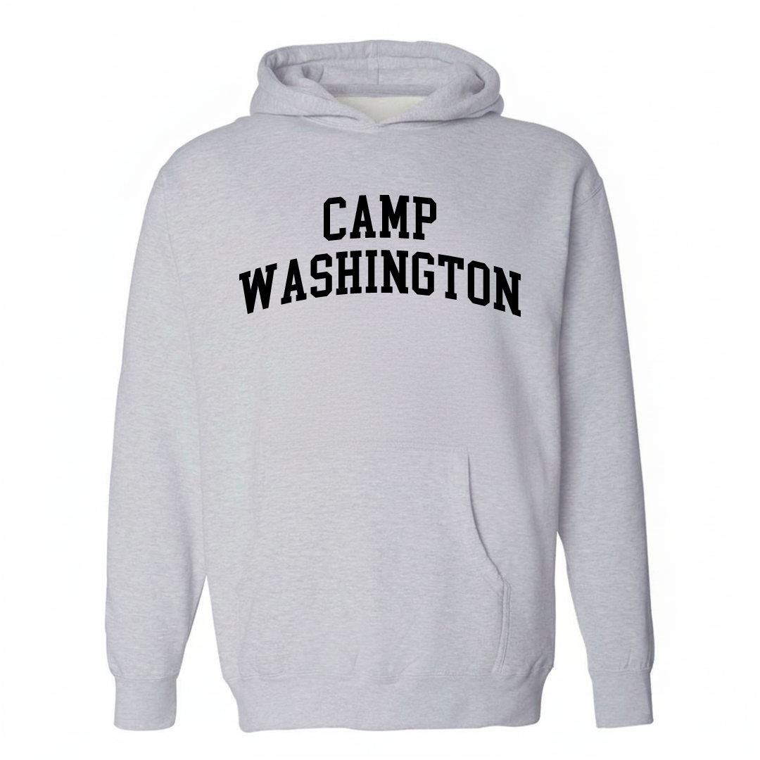 Heather-gray hoodie with the Camp Washington arched lettering design on the chest.