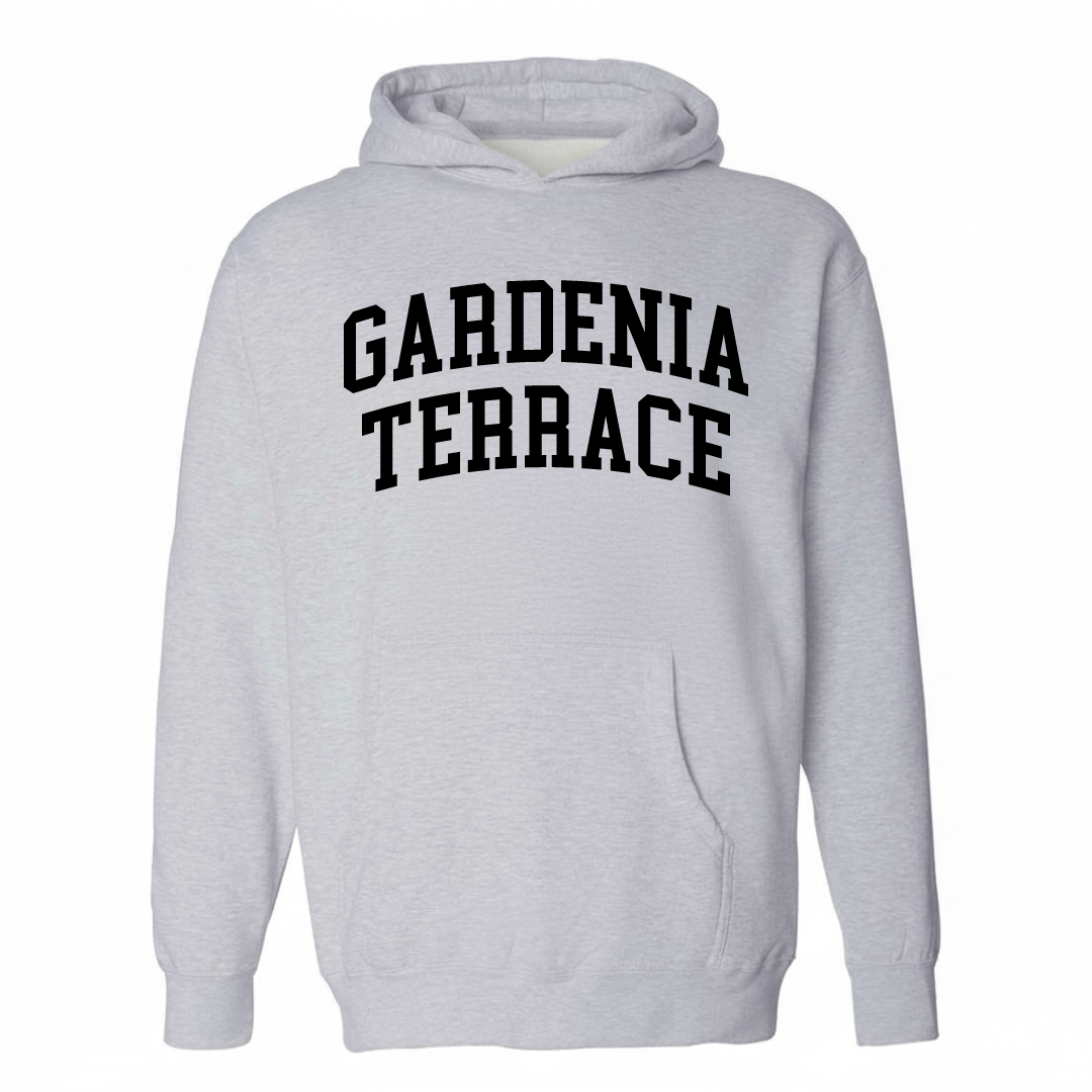 Heather-gray hoodie with the Gardenia Terrace arched lettering design on the chest.