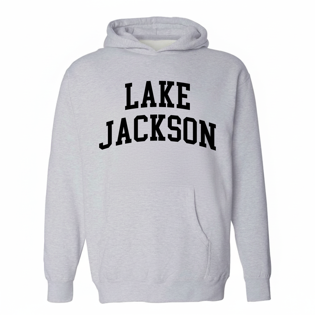 Heather-gray hoodie with the Lake Jackson arched varsity lettering design on the chest.
