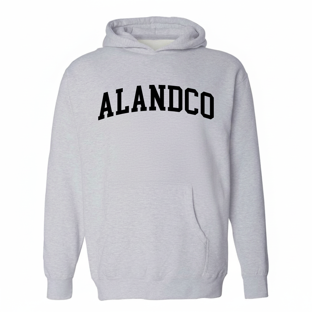 Heather-gray hoodie with the Alandco varsity arched lettering design on the chest.