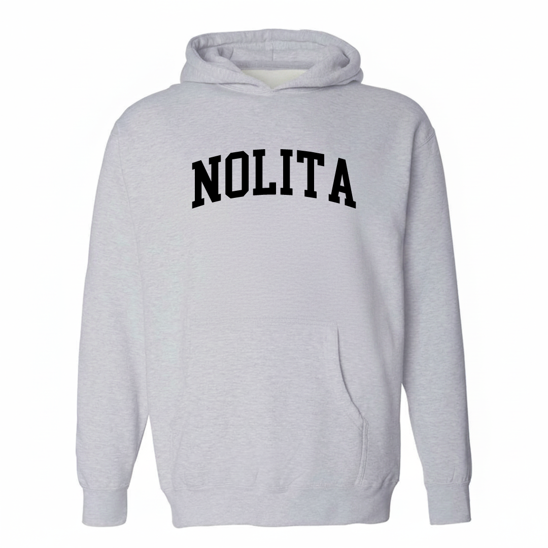Heather-gray hoodie with the Nolita varsity arched lettering design on the chest.