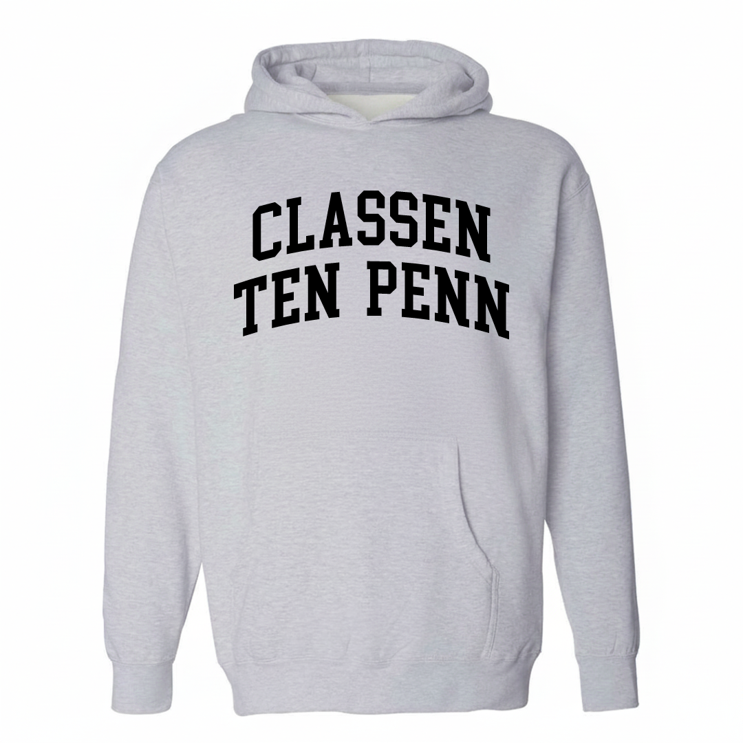 Heather-gray hoodie with the Classen-Ten-Penn arched lettering design on the chest.
