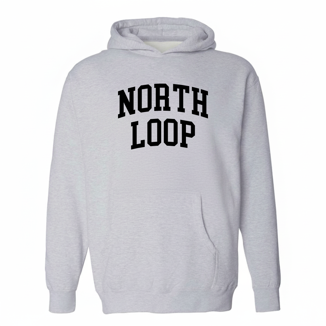 Heather-gray hoodie with the North Loop arched varsity lettering design on the chest.