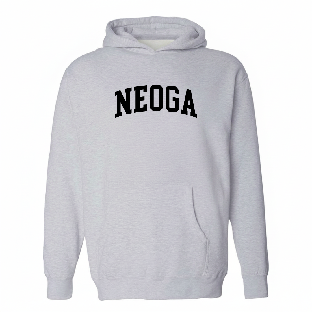 Heather-gray hoodie with the Neoga arched varsity lettering design on the chest.