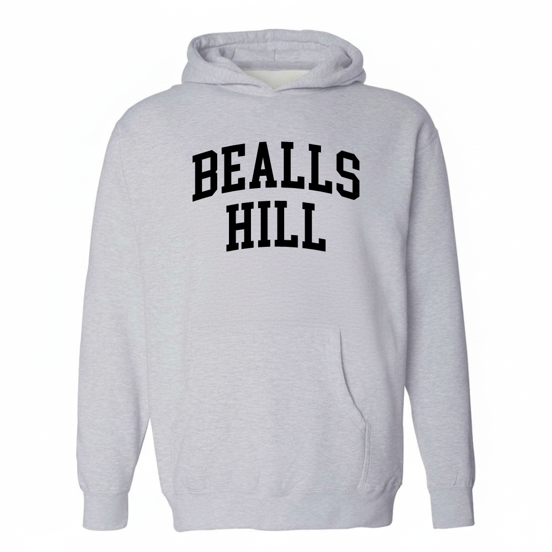Heather-gray hoodie with the Beall's Hill varsity arched lettering design on the chest.