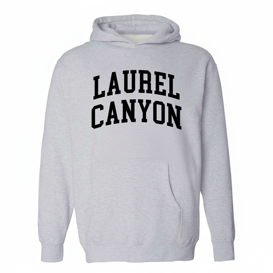 Heather-gray hoodie with the Laurel Canyon varsity arched lettering design on the chest.