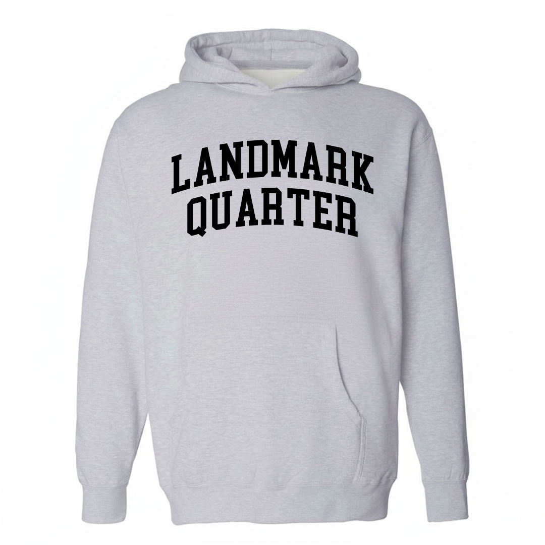 Heather-gray hoodie with the Landmark Quarter varsity arched lettering design on the chest.