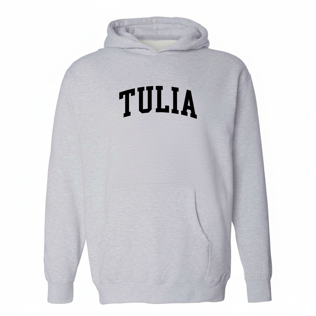 Heather-gray hoodie with the Tulia varsity arched lettering design on the chest.