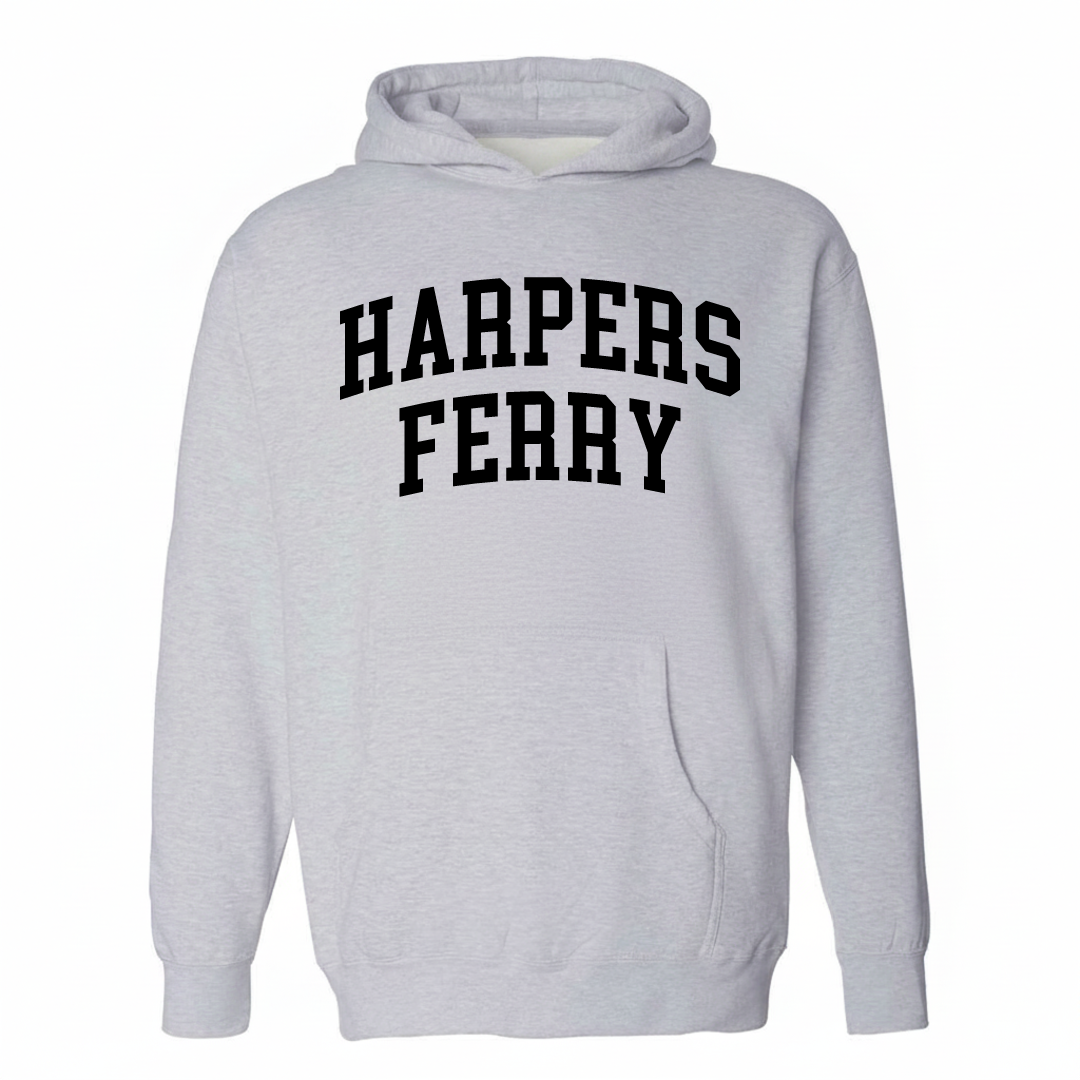 Heather-gray hoodie with the Harpers Ferry arched varsity lettering design on the chest.