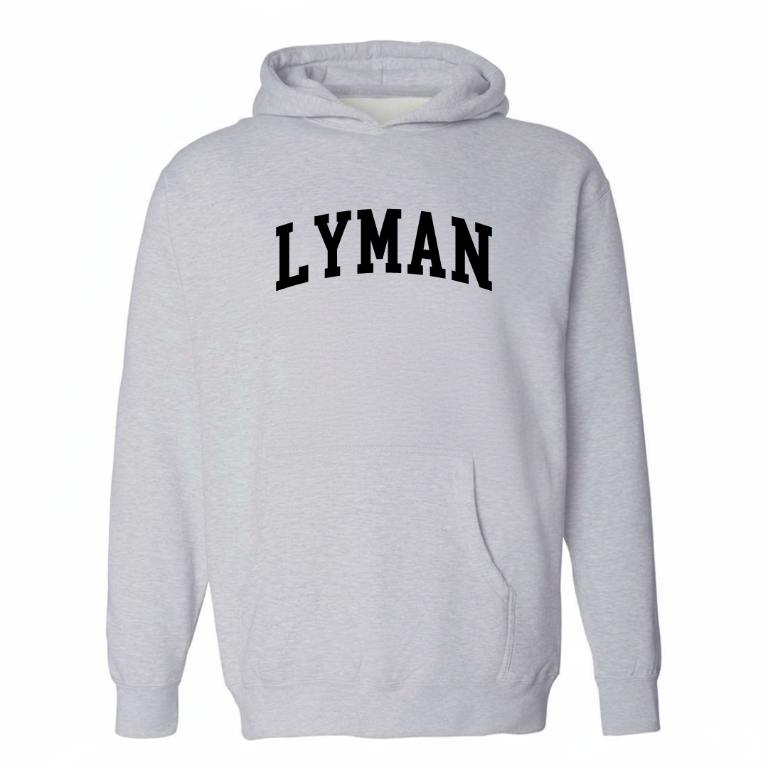 Heather-gray hoodie with the Lyman arched varsity lettering design on the chest.