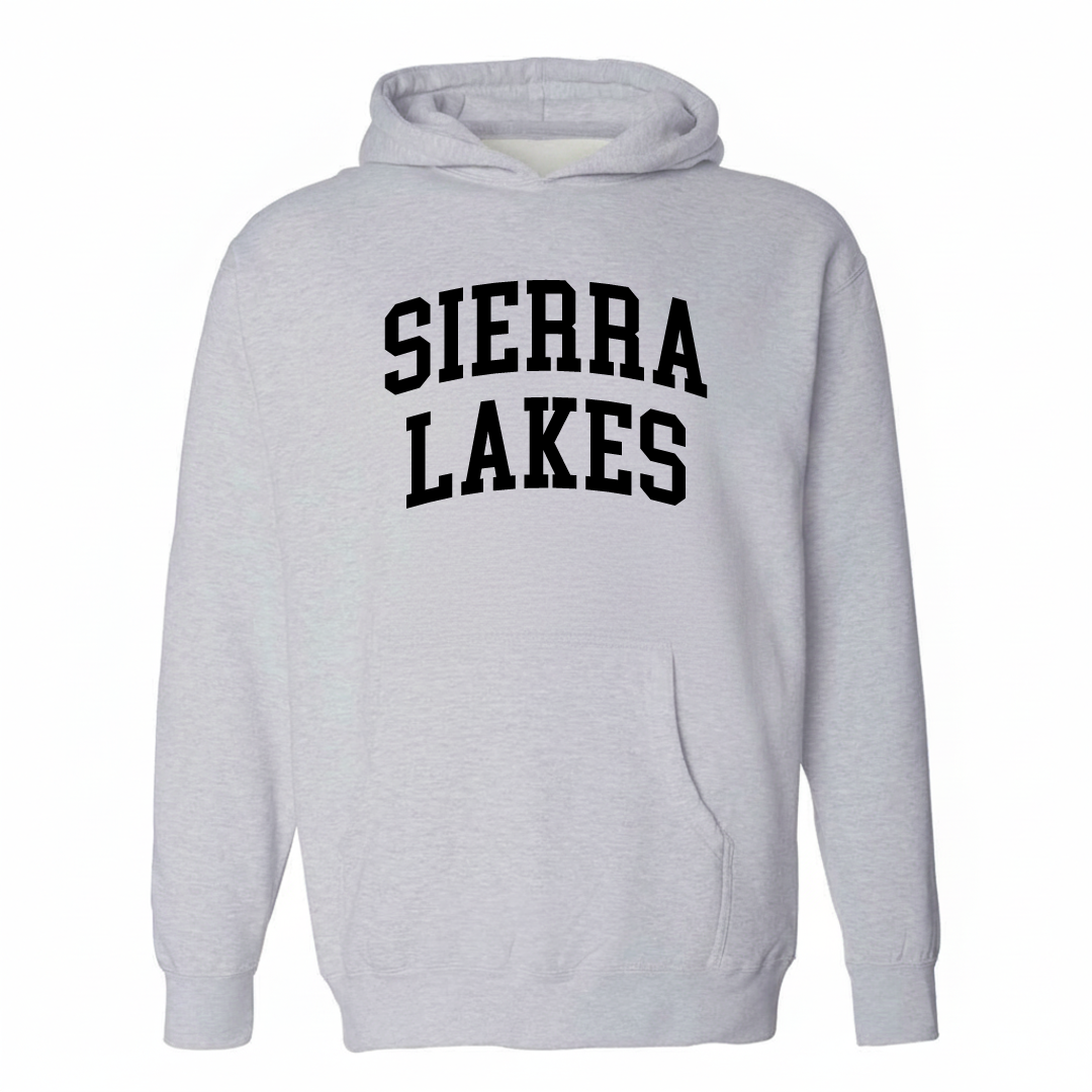 Heather-gray hoodie with the Sierra Lakes varsity arched lettering design on the chest.
