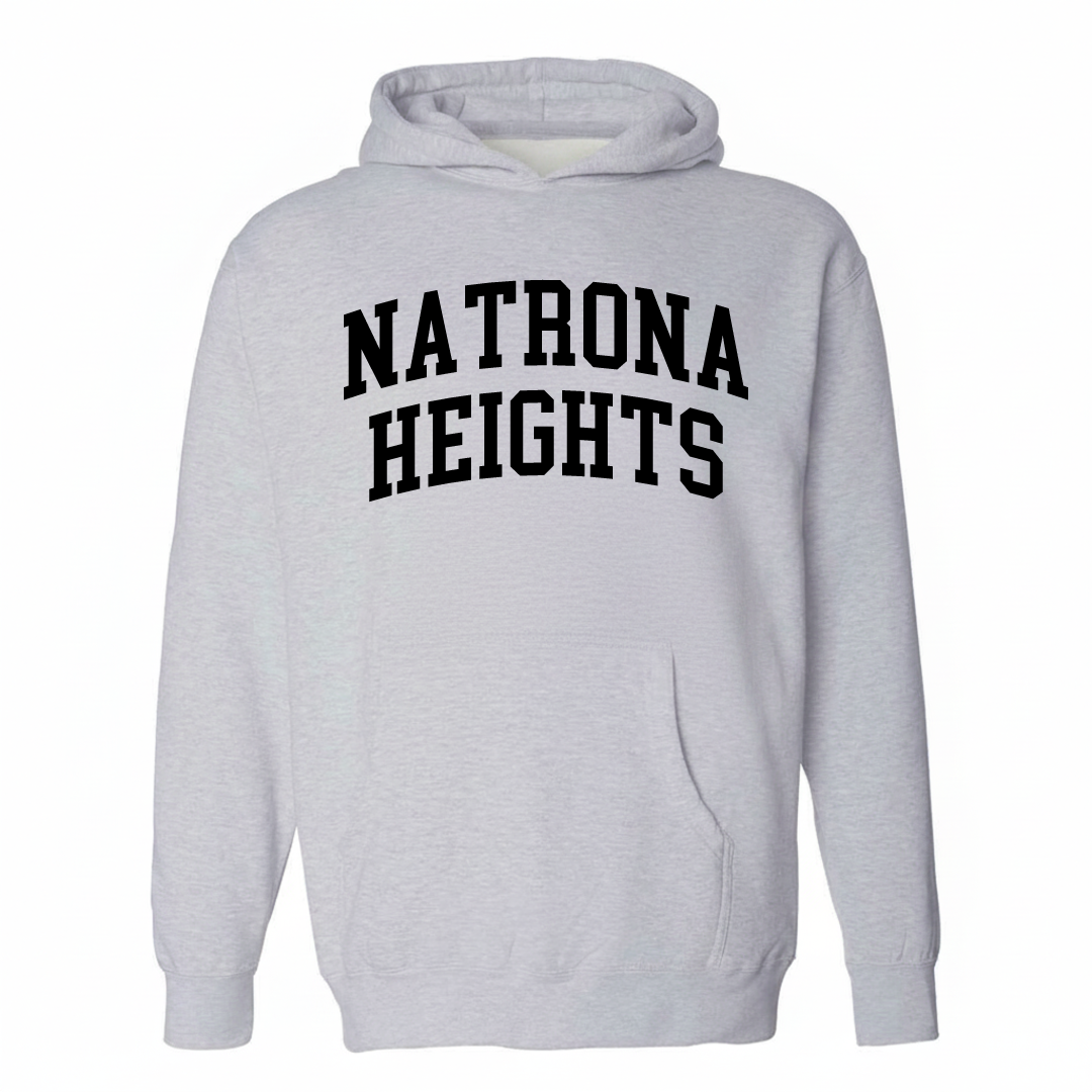 Heather-gray hoodie with the Natrona Heights varsity arched lettering design on the chest.