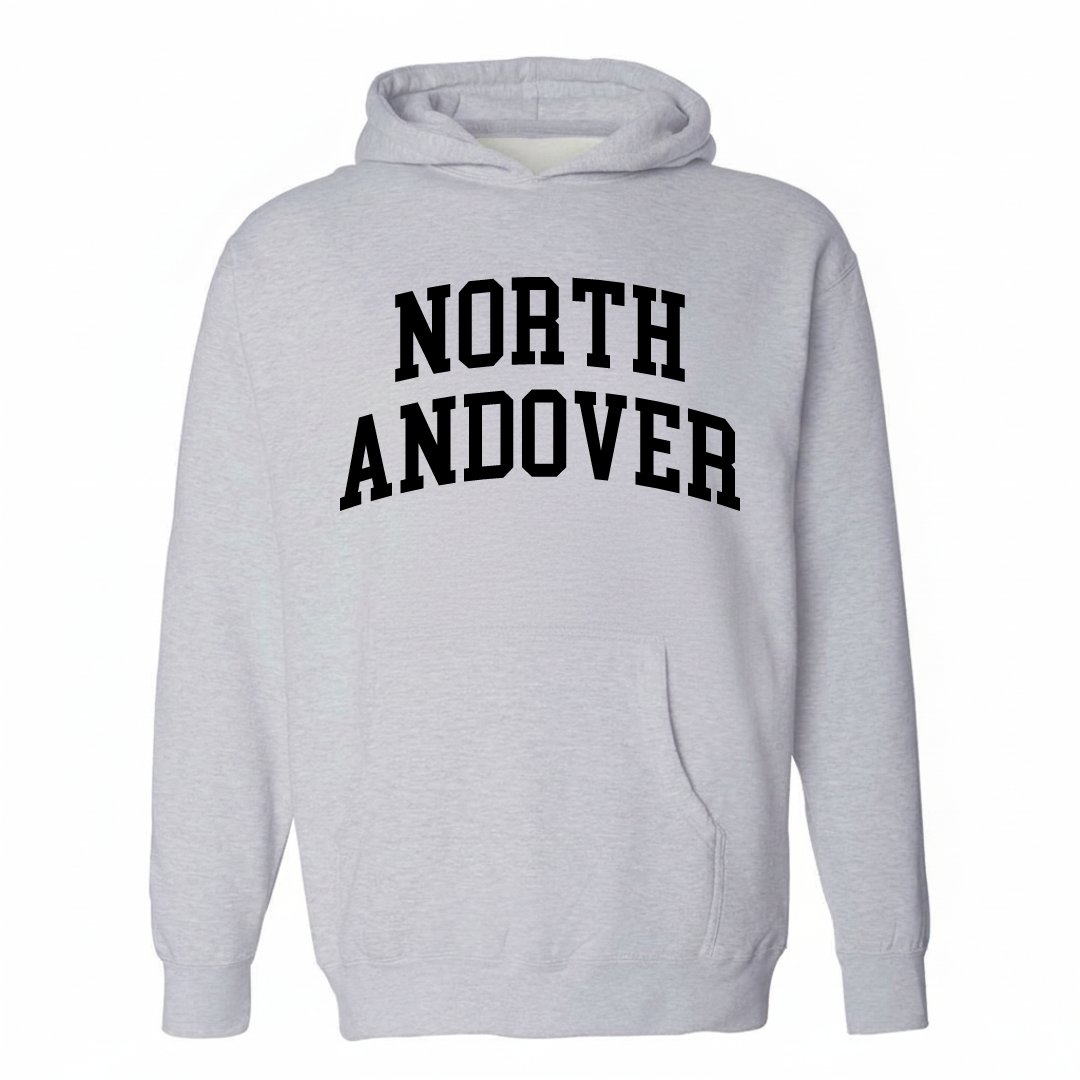 Heather-gray hoodie with the North Andover varsity arched lettering design on the chest.