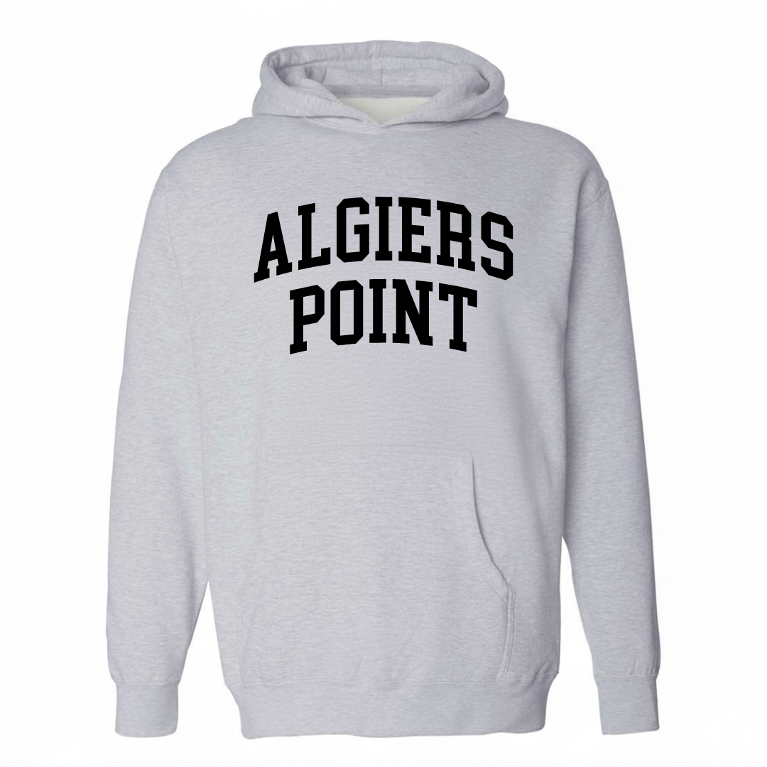 Heather-gray hoodie with the Algiers Point varsity arched lettering design on the chest.