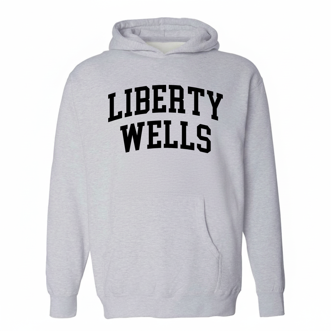 Heather-gray hoodie with the Liberty Wells varsity arched lettering design on the chest.