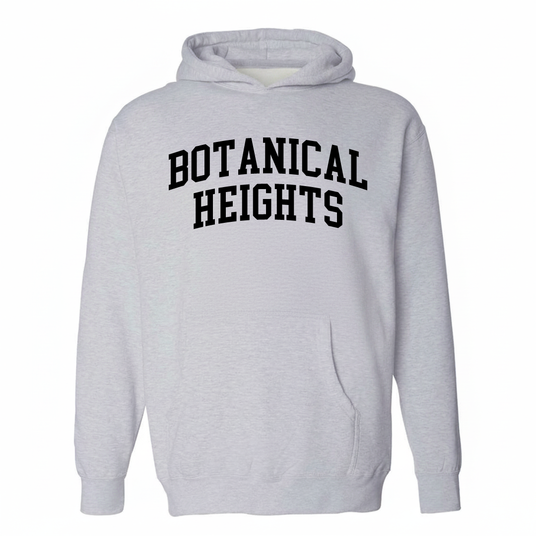 Heather-gray hoodie with the Botanical Heights varsity arched lettering design on the chest.