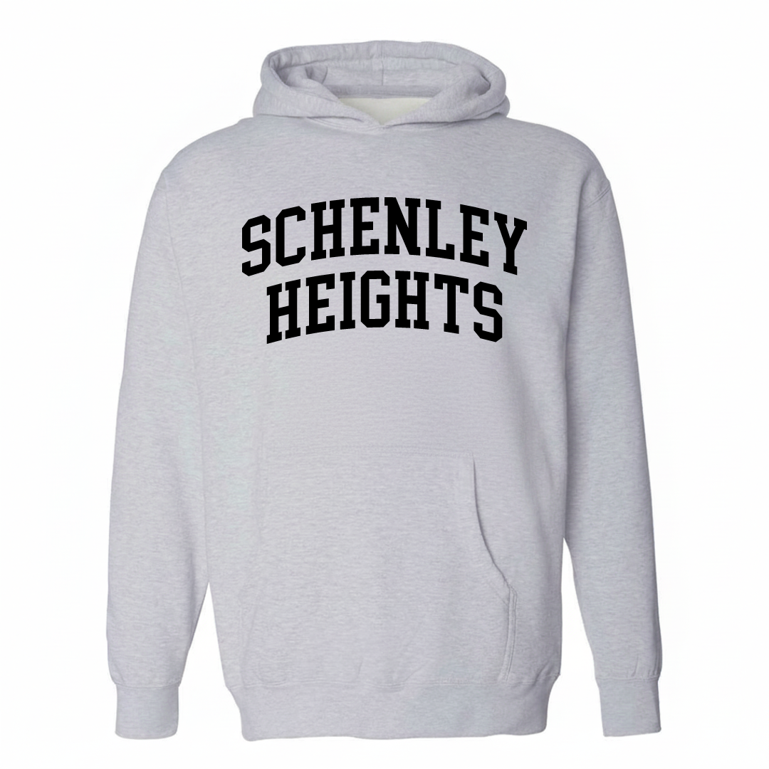 Heather-gray hoodie with the Schenley Heights varsity arched lettering design on the chest.