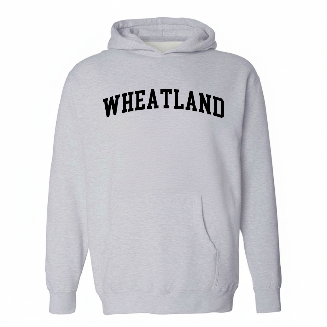 Heather-gray hoodie with the Wheatland varsity arched lettering design on the chest.