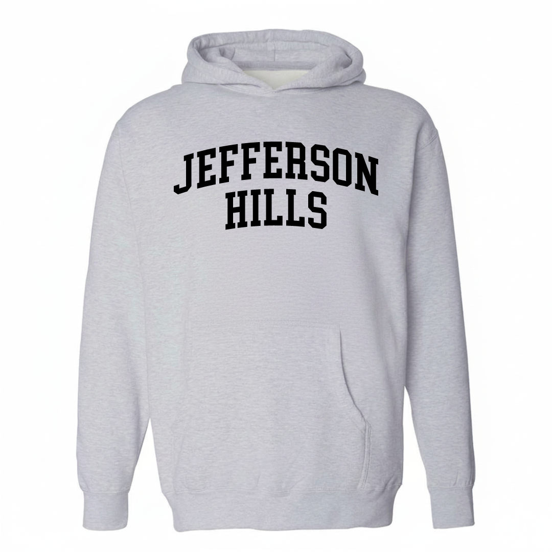 Heather-gray hoodie with the Jefferson Hills varsity arched lettering design on the chest.