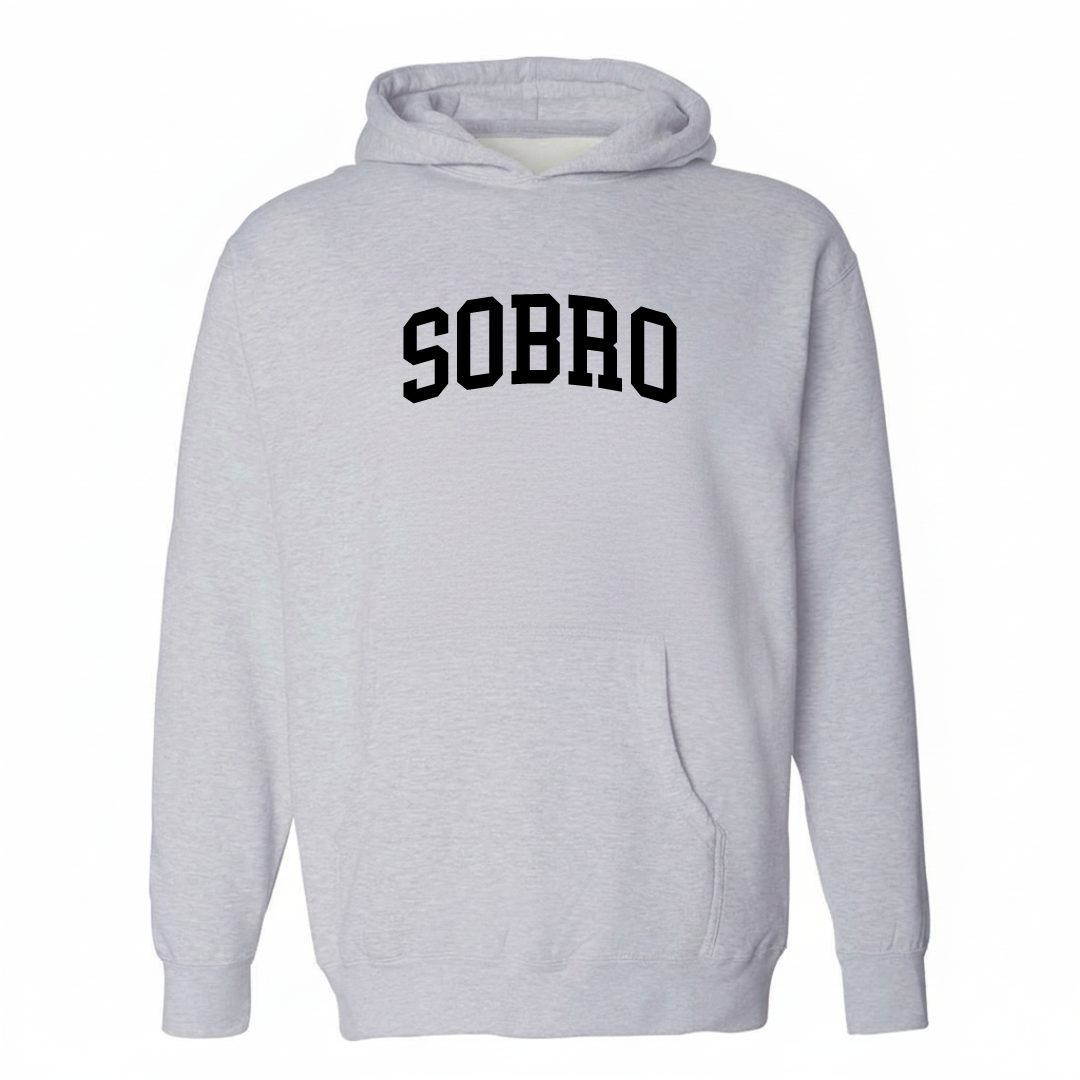 Heather-gray hoodie with the SoBro varsity arched lettering design on the chest.