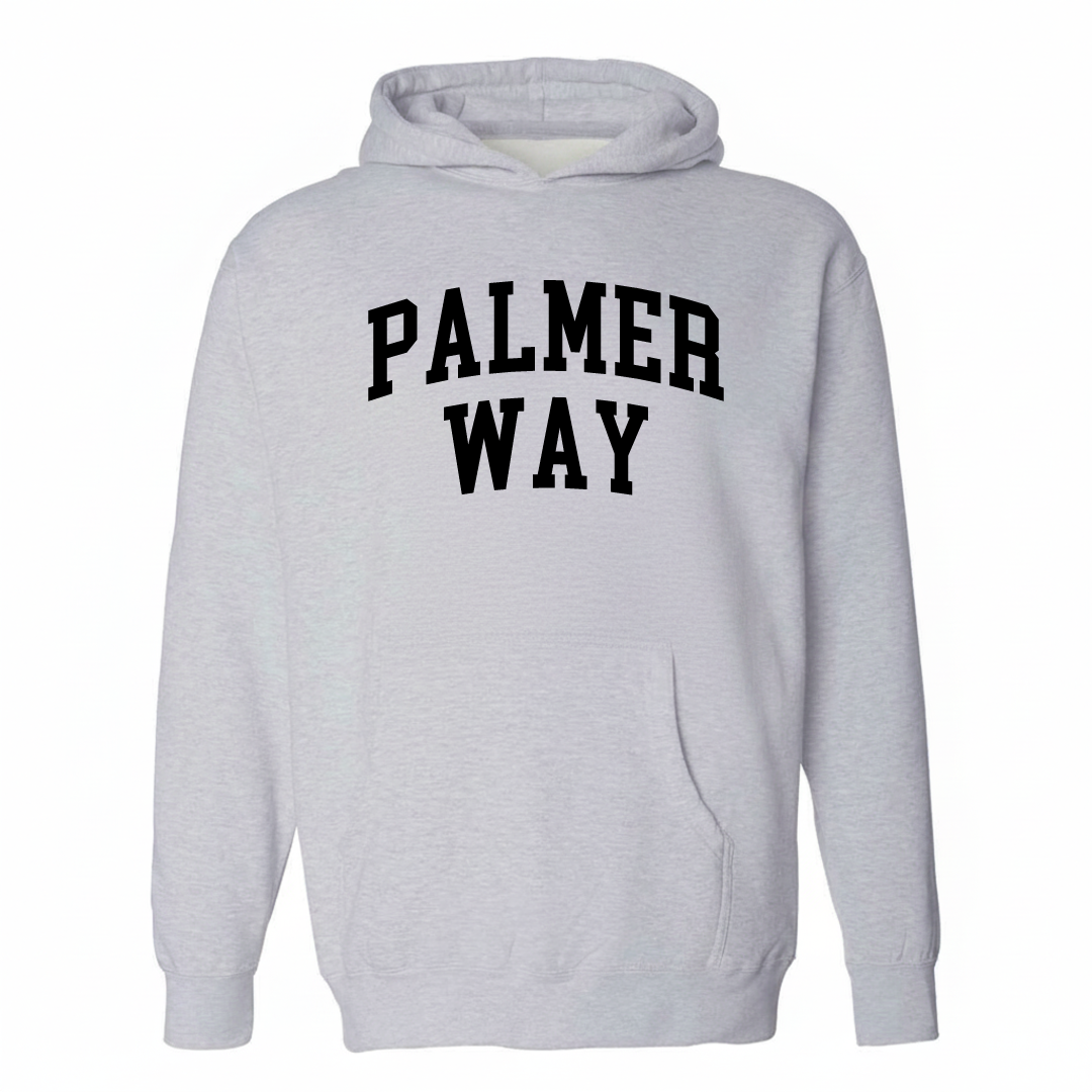 Heather-gray hoodie with the Palmer Way varsity arched lettering design on the chest.