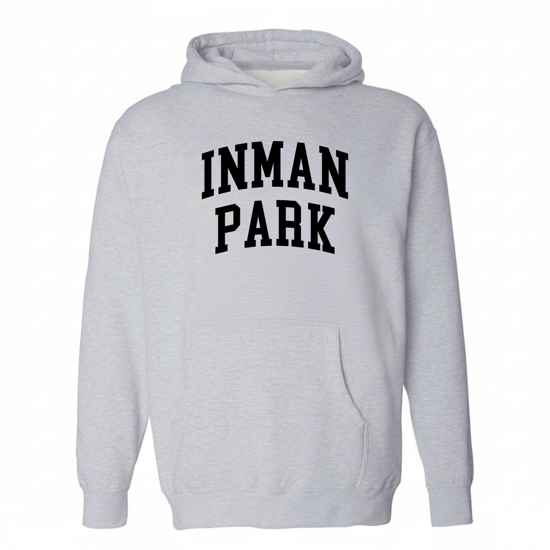 Heather-gray hoodie with the Inman Park varsity arched lettering design on the chest.