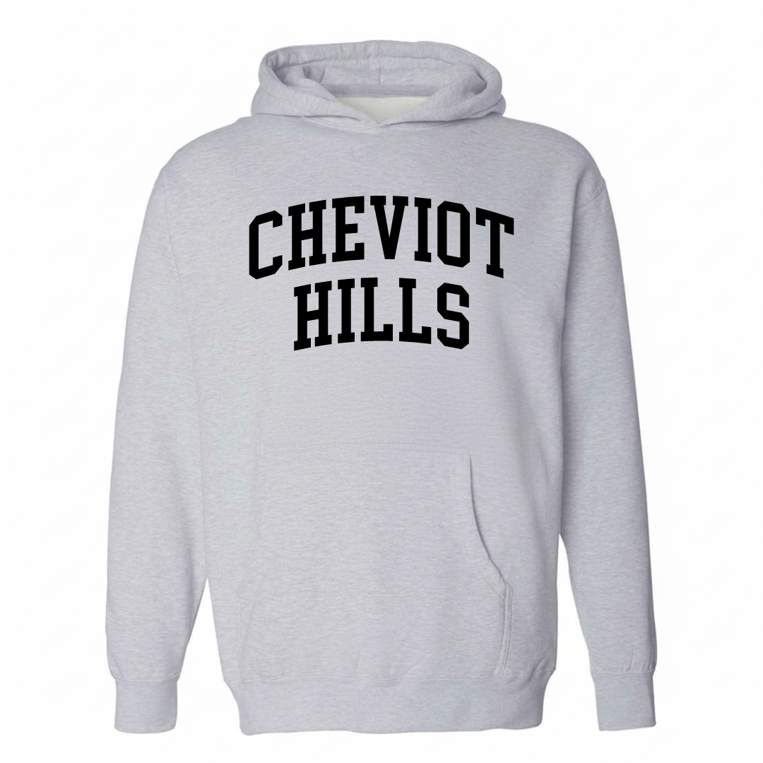Heather-gray hoodie with the Cheviot Hills varsity arched lettering design on the chest.