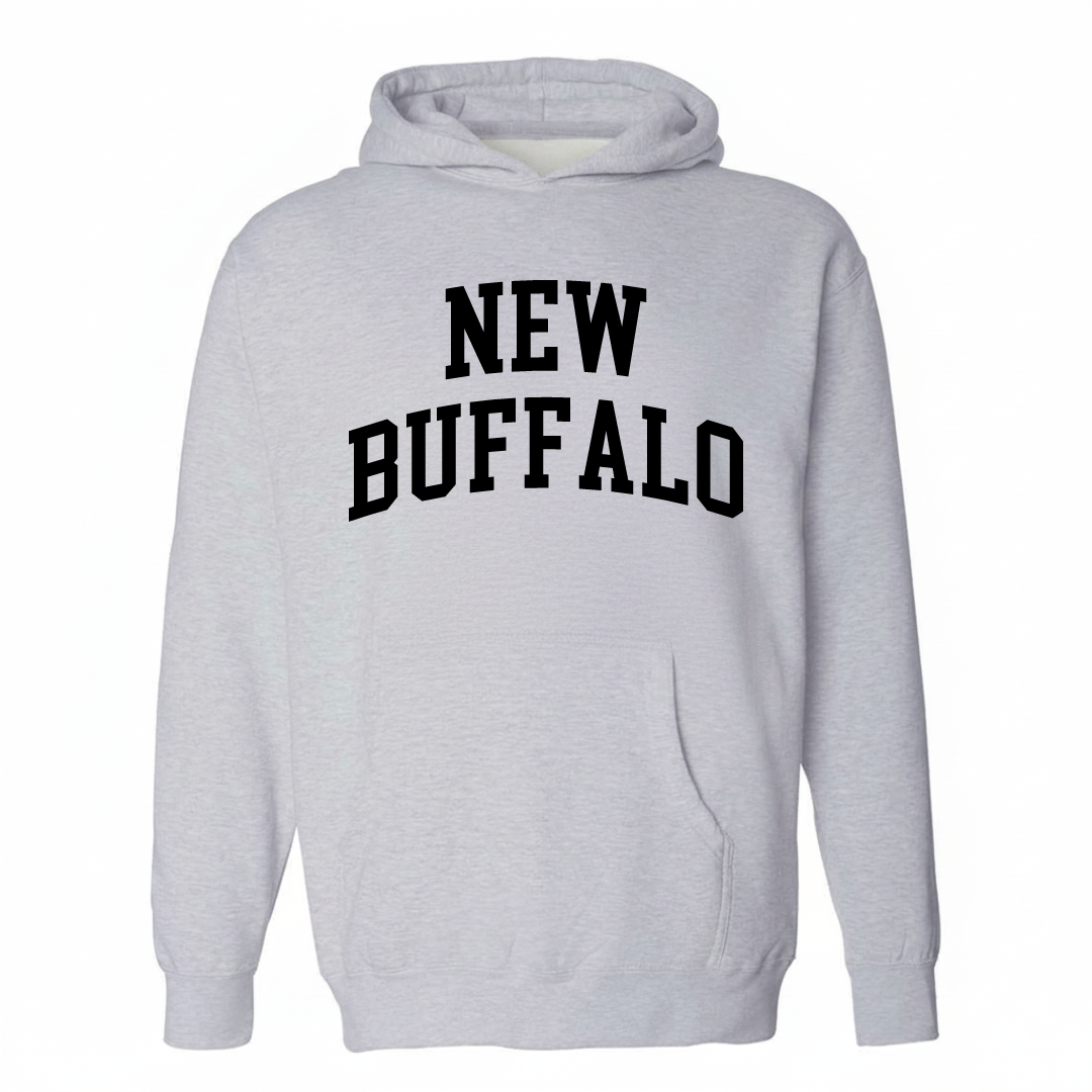 Heather-gray hoodie with the New Buffalo varsity arched lettering design on the chest.